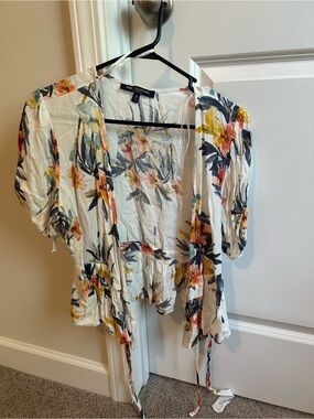 one clothing White Floral Tie-Front Blouse with Puff Sleeves